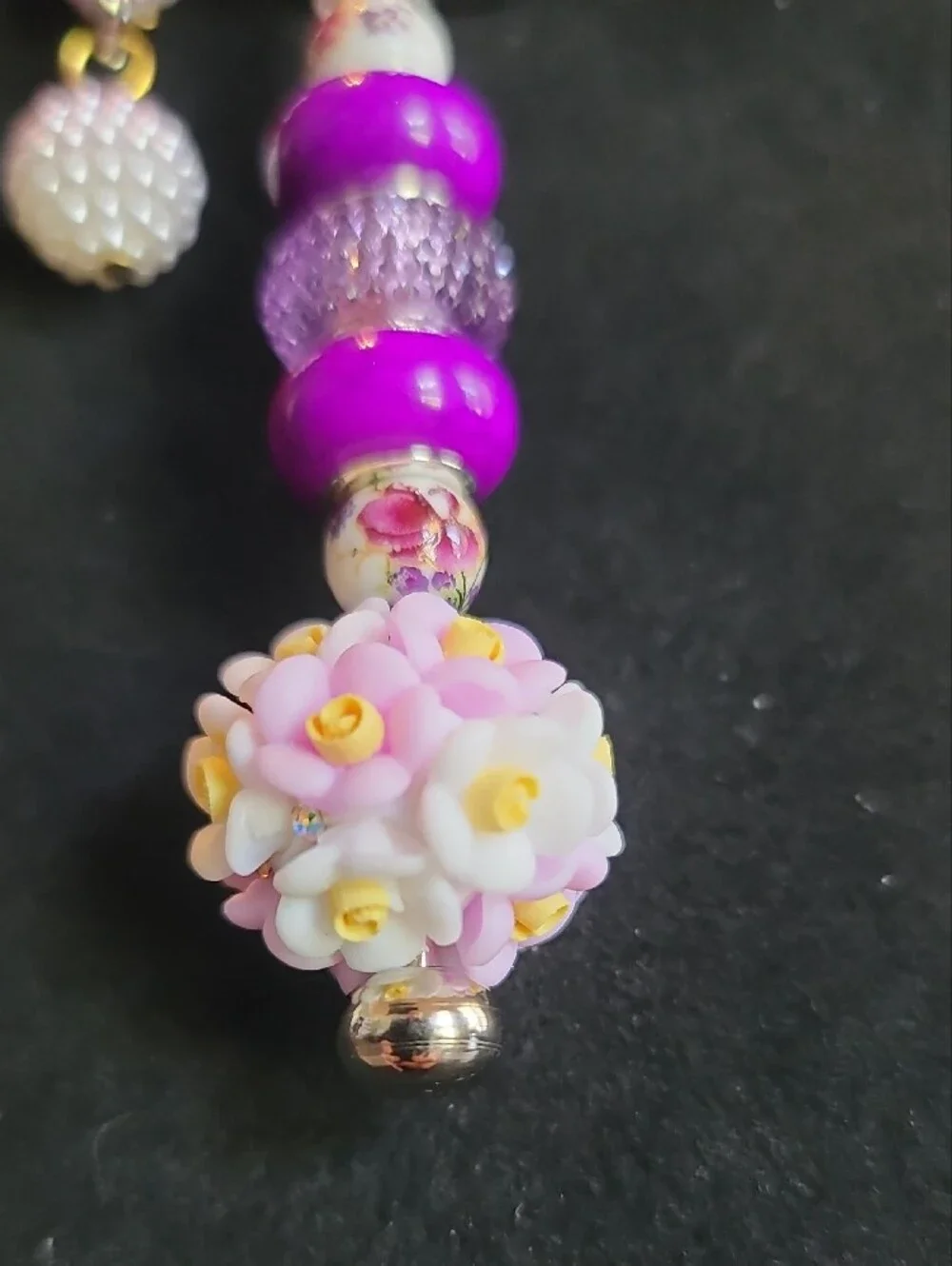 Purple Floral Bead Charm Keychain Necklace